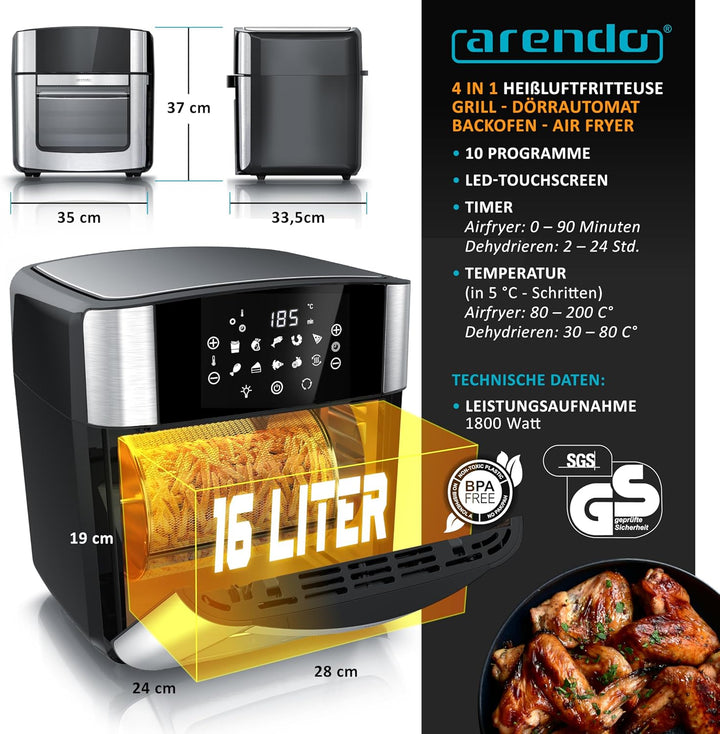 Arendo - Heissluftfritteuse XXL - extra Gross 16 Liter - Backofen Umluft - Grill - Dörrautomat - Air