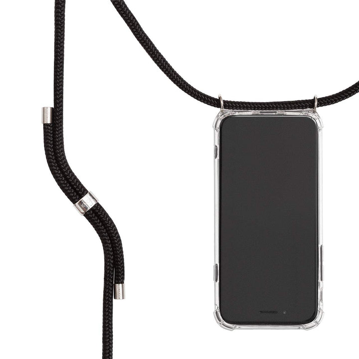 KNOK Premium Handykette für Apple iPhone 15 Pro, Schwarz Silber, stossfest | Silikonhülle mit fest v