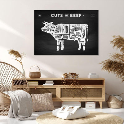 Bilder auf Leinwand 100x70cm Leinwandbild Kuh Rindfleisch Kochen Grafik Gross Wanddeko Bild Schlafzi