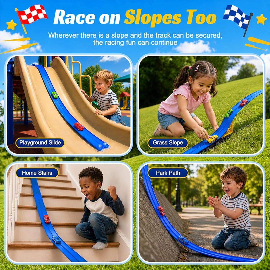 BunnyJOY Flexible Autorennbahn für Kinder mit 4 Rückziehautos, 2 Looping Rennbahn, Rampen Schwerkraf