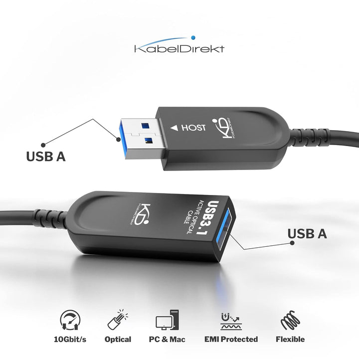 KabelDirekt – USB-Verlängerungskabel, 7,5 m, optisch (USB 3.1 Gen2/SuperSpeed+ für bis zu 10 Gbit/s,