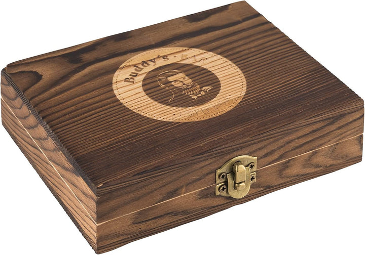 Buddy´s Bar - 9 Whiskey Steine, 2 x 2 cm, Geschenkset Premium, stilvolle Holzbox, Samtbeutel, Zange,