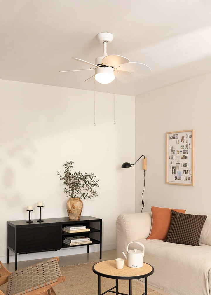 CREATE / WINDLIGHT EASY/Deckenventilator Weiss mit Beleuchtung, umkehrbaren Naturholz-Flügeln / 53W,