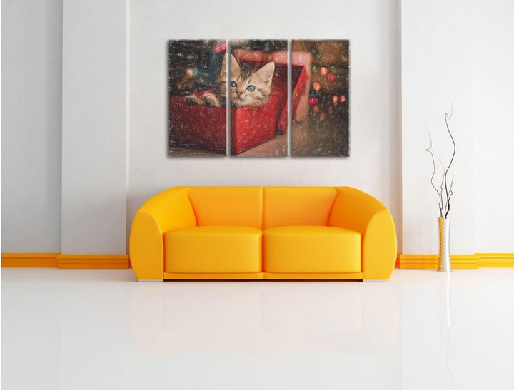 Pixxprint süsses Kätzchen in der Box Kunst Buntstift Effekt 3-Teiler Leinwandbild 120x80 Bild auf Le