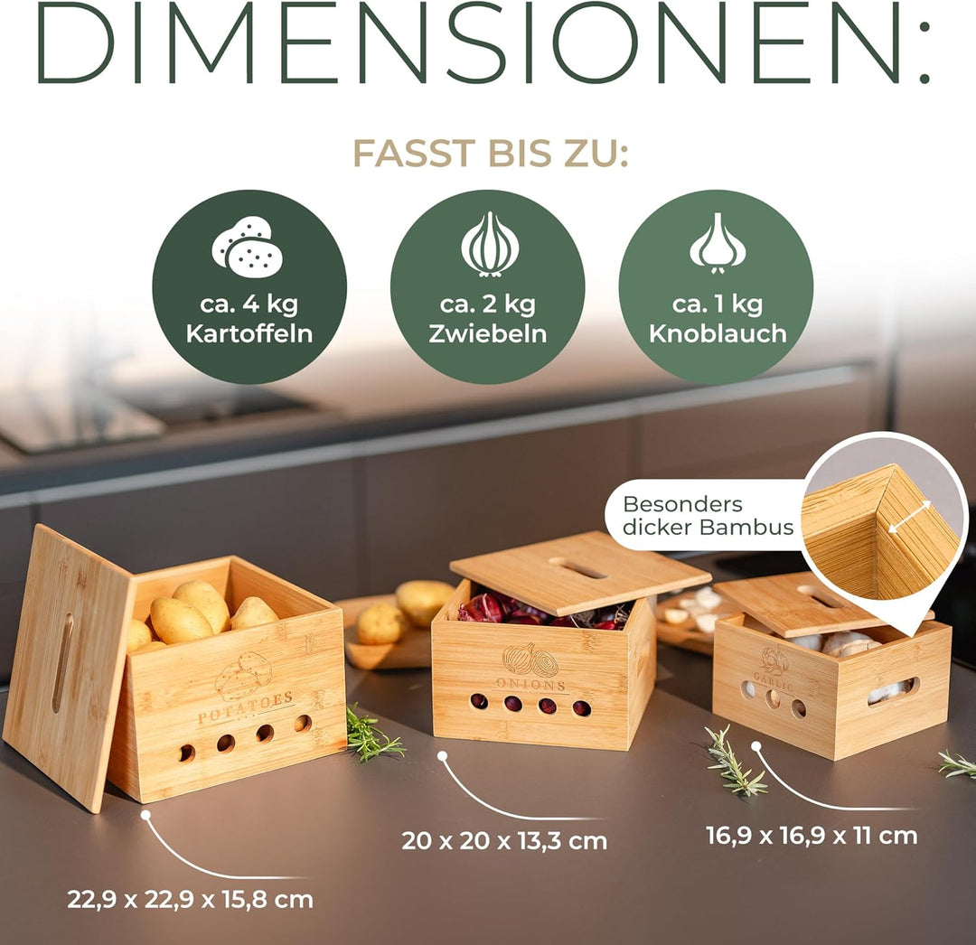 Premium Kartoffel Aufbewahrungsbox [3er Set] – Längerfrische Kartoffel Aufbewahrung, Knoblauch und Z