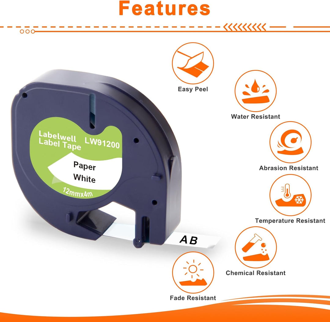 Labelwell 10x Kompatibel für Dymo LetraTag Papier Schriftband 12mm x 4m 91220 91200 Etikettenband Sc