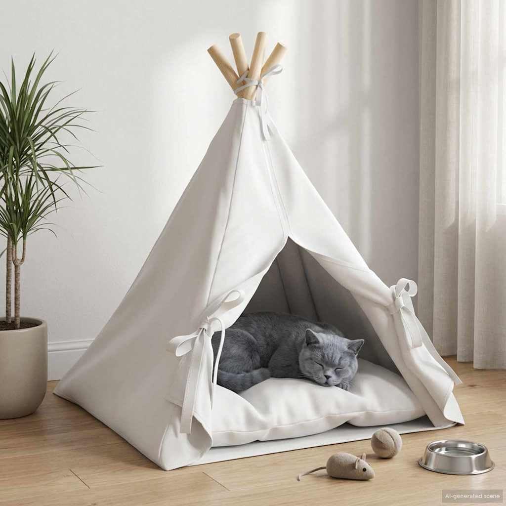 Haustier Tipi mit Kissen Weiss 50 x 50 x 60 cm Polyester, Kiefernholzrahmen, Innenbereich Schlafplat