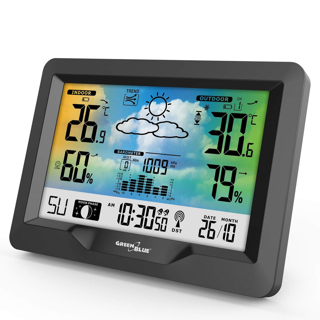 Green Blue GB540 Wetterstation mit Farbdisplay DCF Funkuhr | Innen- und Aussentemperatur, Wettervorh