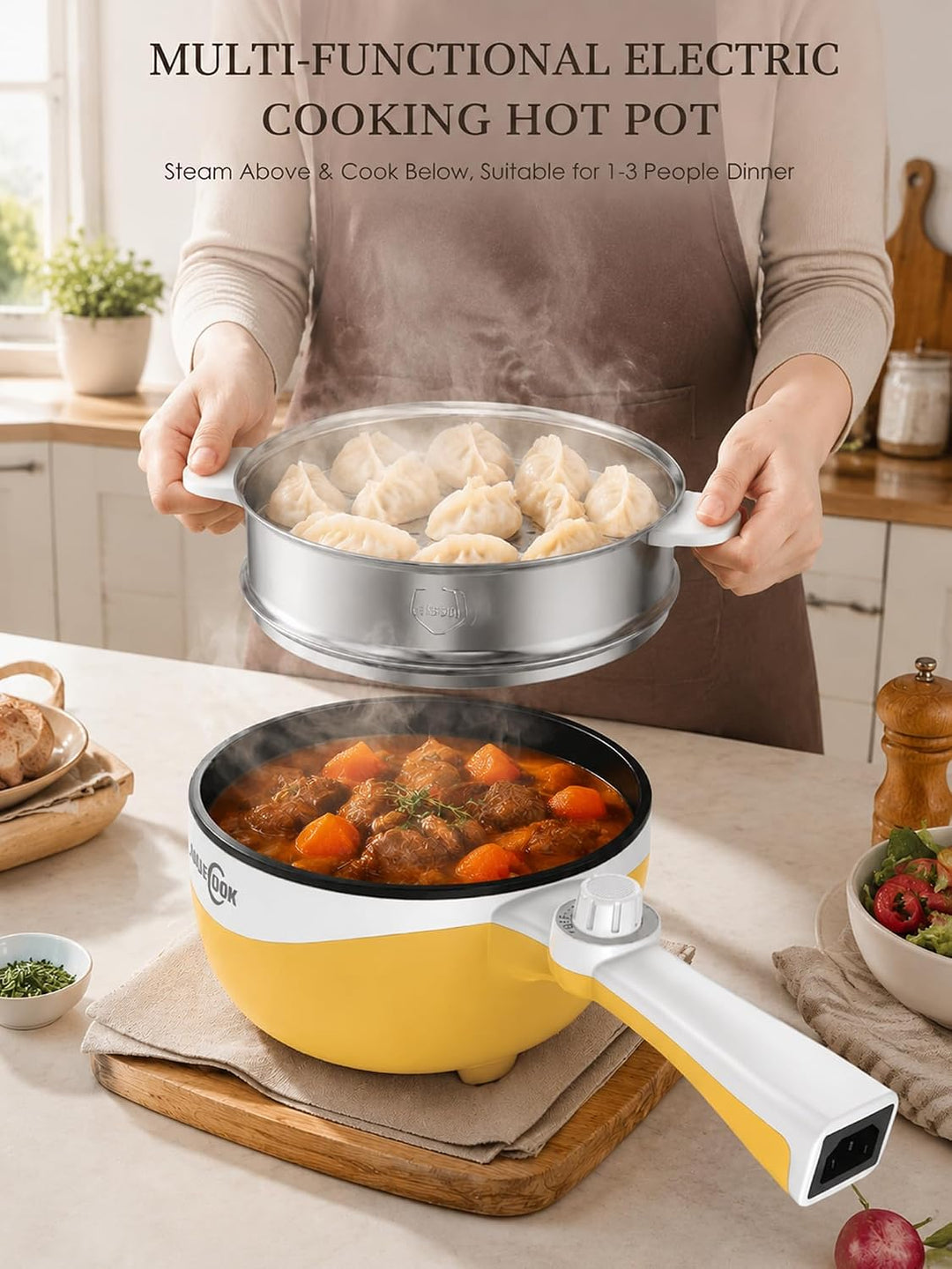 Audecook Elektrischer Topf mit Dampfgarer, 1.7L Mini Elektrische Bratpfanne für Wohnheim Antihaftbes