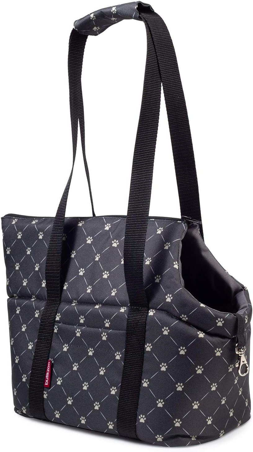 Hundetasche, Welpentasche - Schwarz/Muster: Pfoten, XS bis 3 kg - Tragetasche für kleinen und mittle