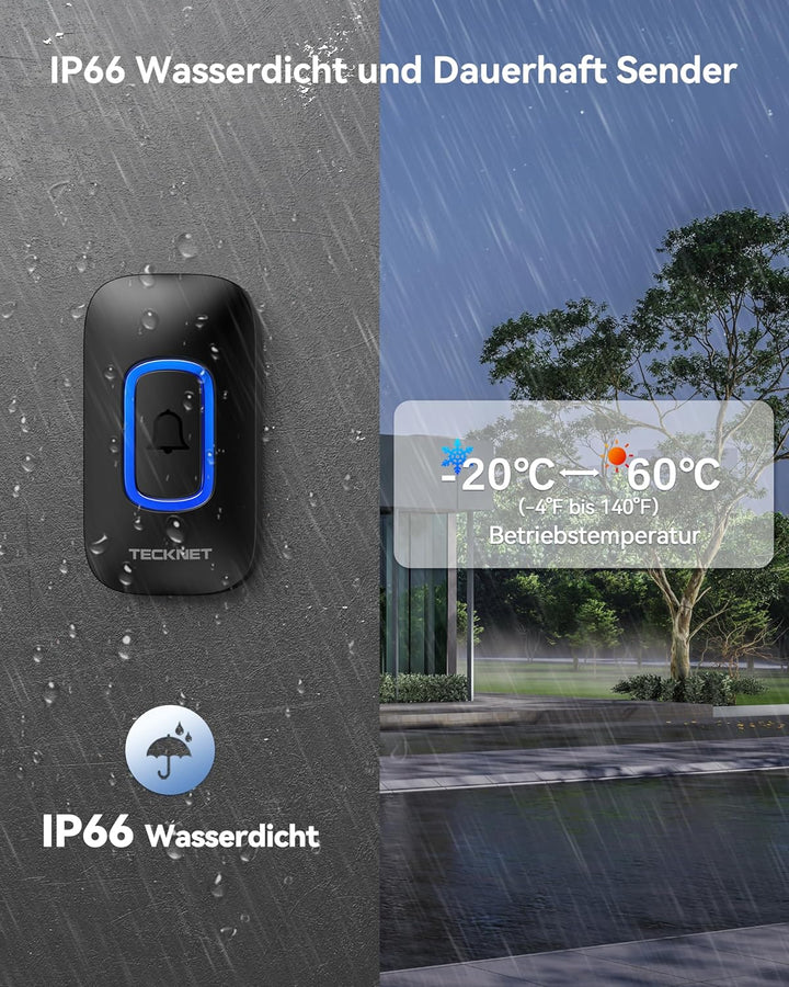 TECKNET Funkklingel, Funkklingel Aussen Wasserdicht 2 Empfänger Mit RGB Licht, 60 Melodien, IP66 Fun