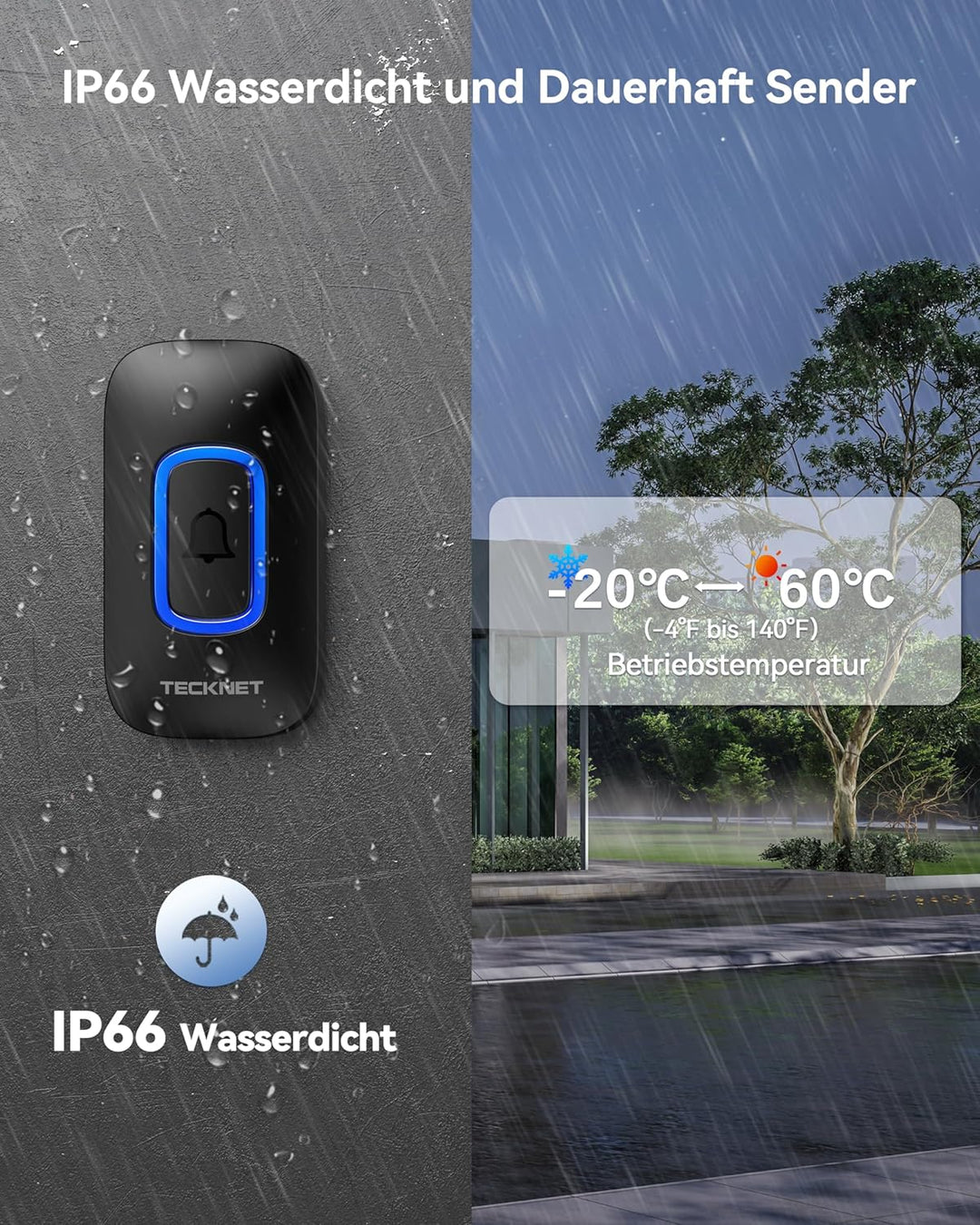 TECKNET Funkklingel Set, 400m Reichweite & IP66 Aussen Wasserdicht Haustür Klingel mit 2 Empfänger 2