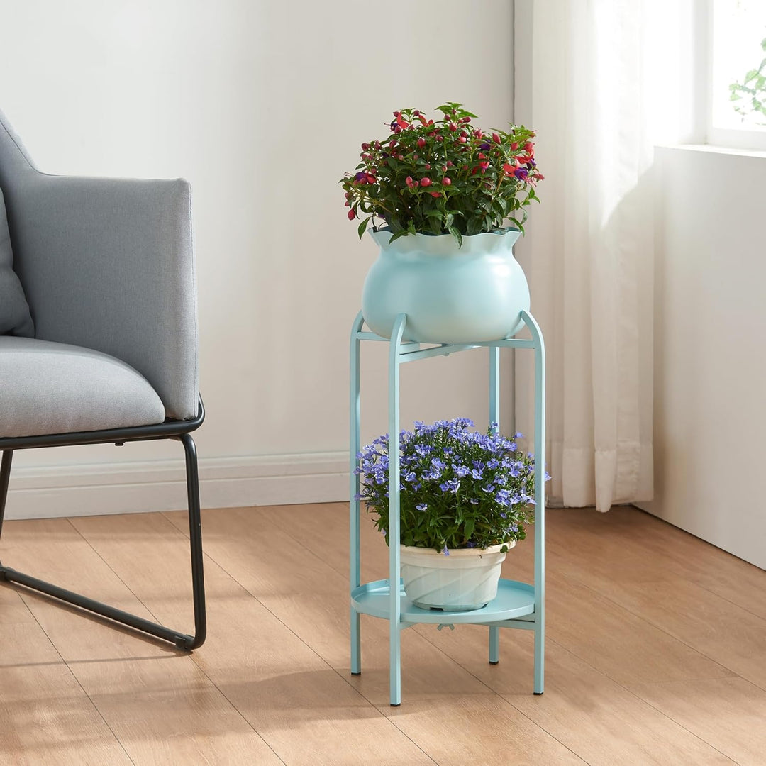 [en.casa] Blumenständer Altena Pflanzenständer mit Blumentopf und Ablage Metall Hellblau Pflanzenreg