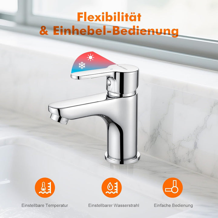 GRIFEMA Wasserhahn Bad Einhebelmischer, Waschtischarmatur Chrome Keramikkartusche, Perlator, Tropffr