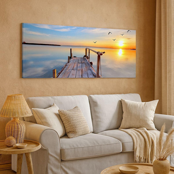 Wandbilder Dekoration Wohnzimmer See Natur Brücke Vögel Panorama Bilder auf Leinwand 120x50cm Leinwa