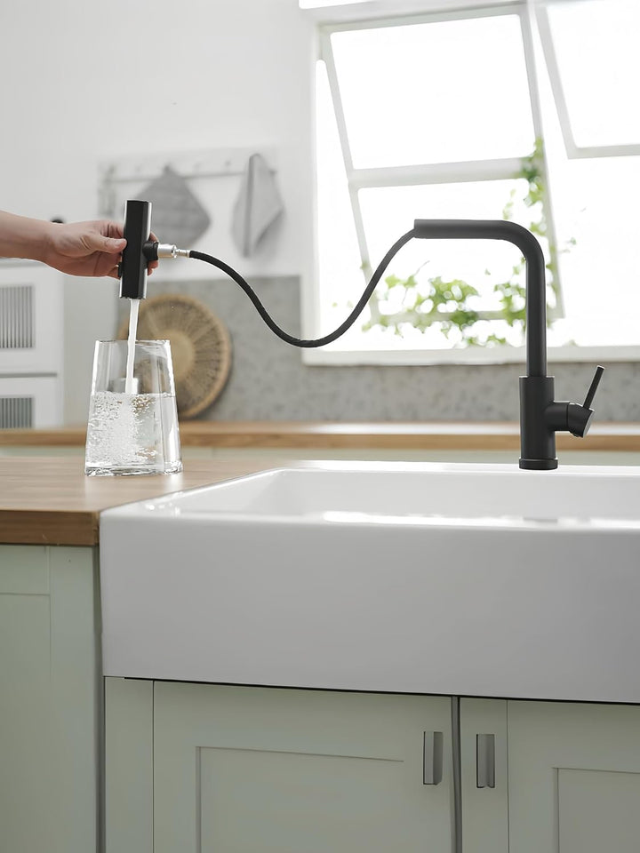 Schwarz Waterfall Wasserhahn Küche, Hochdruck Küchenarmatur Ausziehbar mit Brause, 360° Drehbar Misc