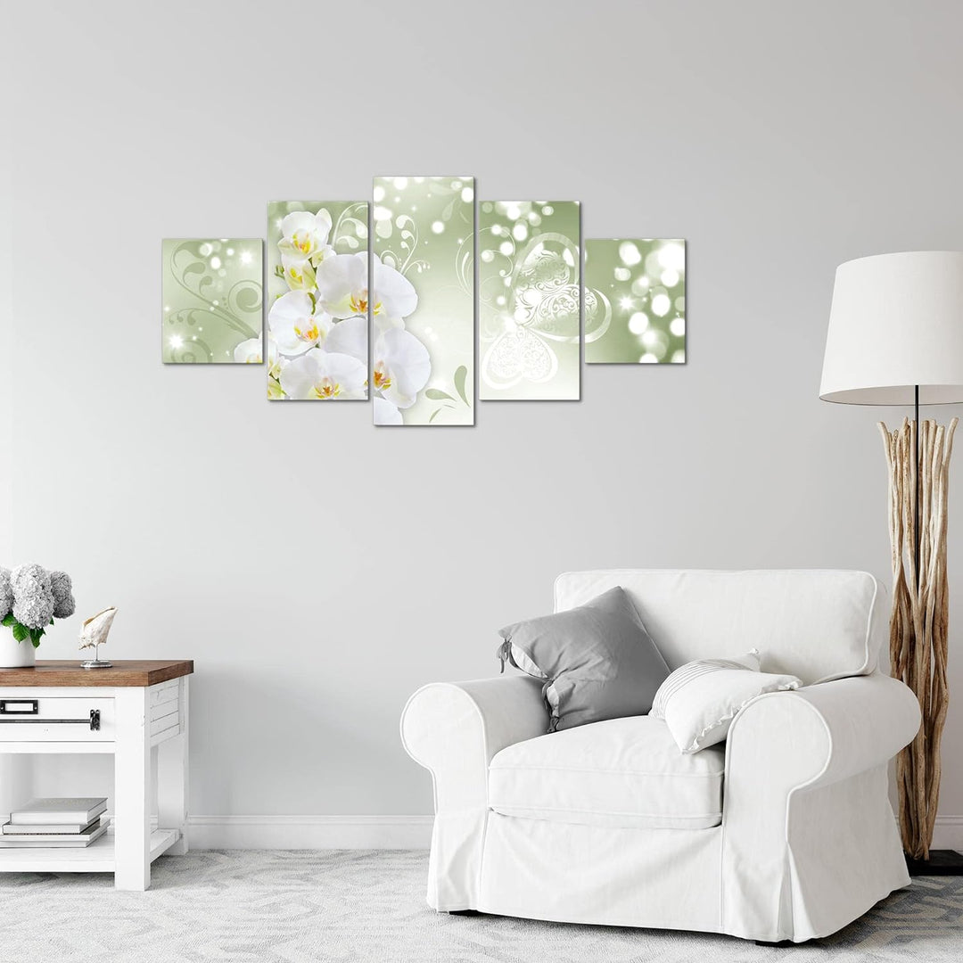 Runa Art Wandbilder Blumen Orchidee 5 Teilig Bild auf Vlies Leinwand Deko Wohnzimmer Abstrakt Grün G
