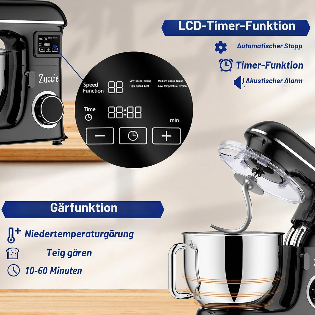 Zuccie küchenmaschine 1500W 8L Knetmaschine 6 Geschwindigkeit Fermentationsfunktion+LCD knetmaschine