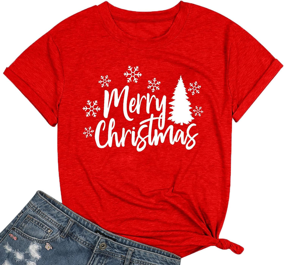Weihnachtsbaum T-Shirt Für Damen Merry Christmas Bedruckte T-Shirts Kurzarm Holiday Tshirt Oberteile