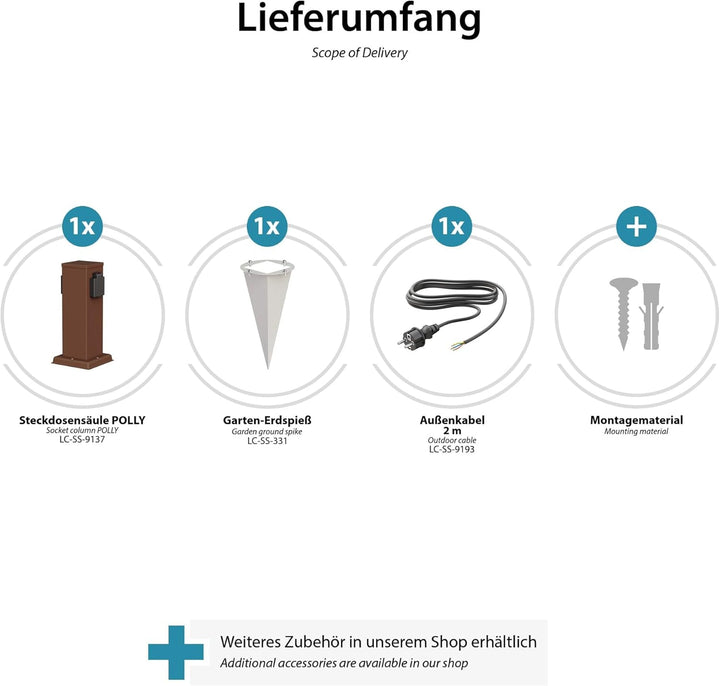 ledscom.de Garten-Steckdosen-Säule Polly mit Erdspiess und 2m Kabel für aussen, IP44, 2-Fach, braun,