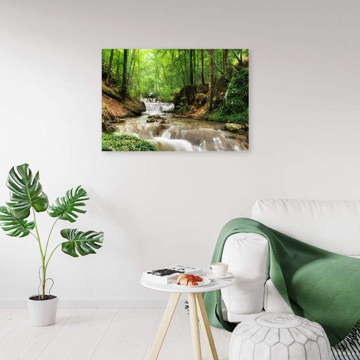 Feeby Bild auf Leinwand Bach Kunstdruck modern Wald Grün 80x60 cm