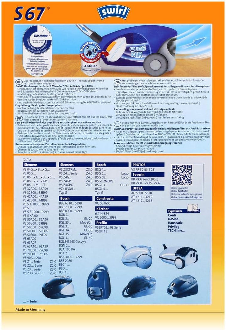 8 Original SWIRL S67 Staubsaugerbeutel passend für Siemens VS Z30000...39999 - Z 3.0