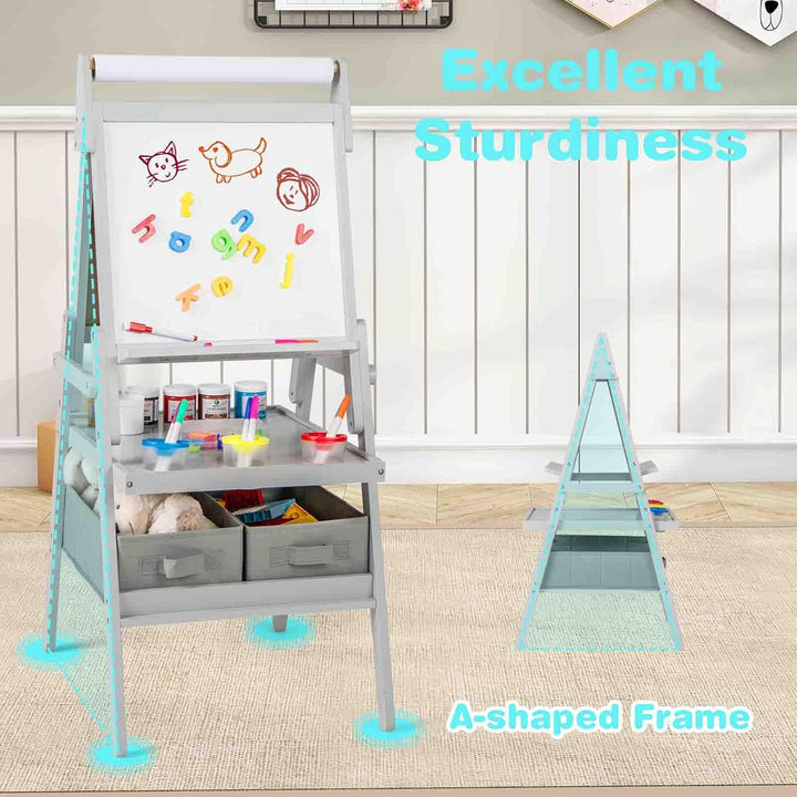 HOMASIS 3-in-1 Kindertafel aus Holz mit Stauraum, Kunstpferd mit Whiteboard, Kreidetafel und Papierr