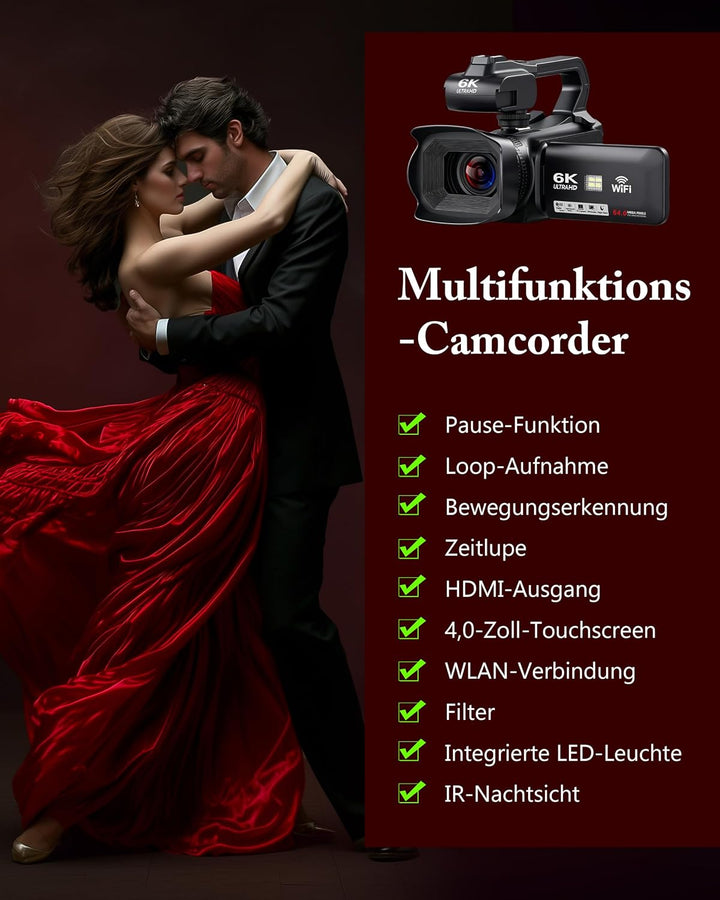 Videokamera Camcorder 6K 64MP 18X Digitalzoom Vlogging Camera mit IR Nachtsicht für YouTube, HD Webc