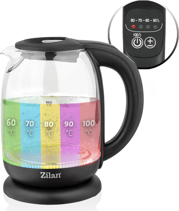 Zilan kabelloser Wasserkocher aus Borosilikatglas mit digitalen Display und LED, 1,7 l, 5 Temperatur