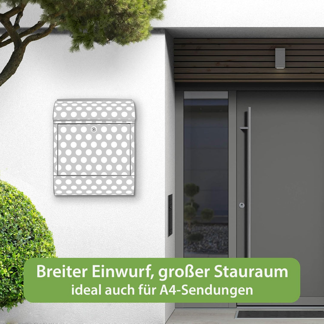 banjado® Design Briefkasten mit Motiv Punkte Grau 39x47x14cm &amp; 2 Schlüssel - Briefkasten Stahl Silbe