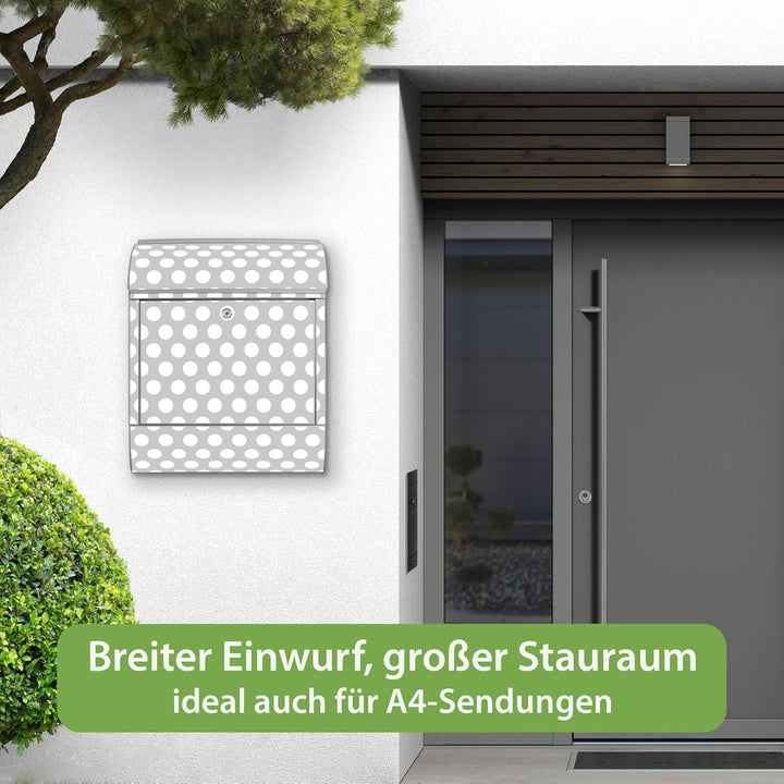 banjado® Design Briefkasten mit Motiv Punkte Grau 39x47x14cm &amp; 2 Schlüssel - Briefkasten Stahl Silbe