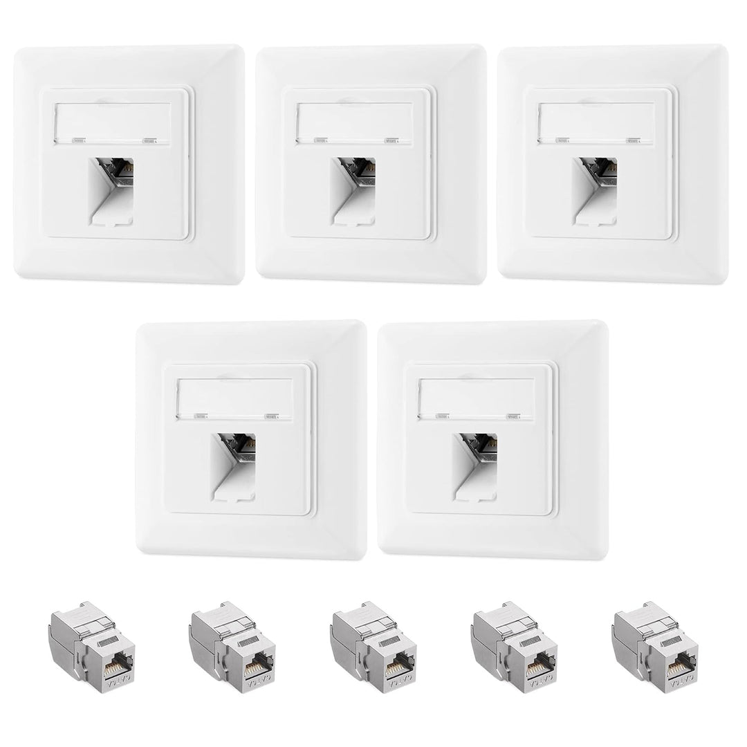 kwmobile Keystone Dose Modul Set - 5X Keystone Modul 5X Netzwerkdose 1-Port CAT 6A Kabel - 10Gibt/s