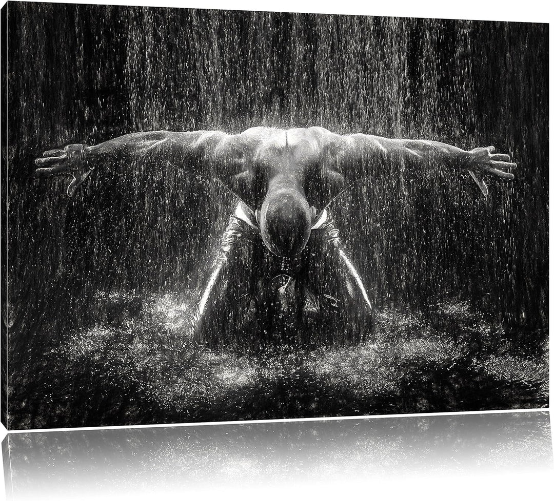 Pixxprint Bodybuilder im Regen Kunst Kohle Effekt, Format: 100x70 auf Leinwand, 100x70