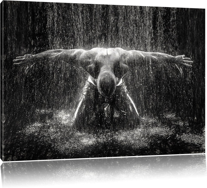 Pixxprint Bodybuilder im Regen Kunst Kohle Effekt, Format: 100x70 auf Leinwand, 100x70