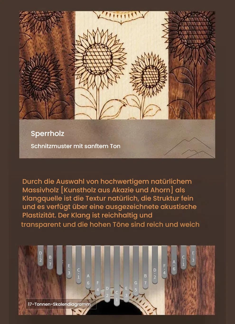 Kalimba 17 Schlüssel, Holz Fingerklaviere，Sonnenblume Professionelle Daumenklavier Carlimba, Mbira I
