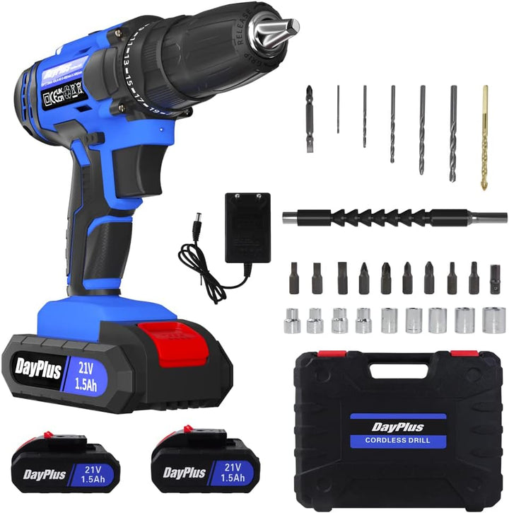 Akku-Bohrmaschine,21V Akku Bohrschrauber mit 2 Li-Ion Batterien,26 Stück Bohrkit enthalten, 25+1 Dre