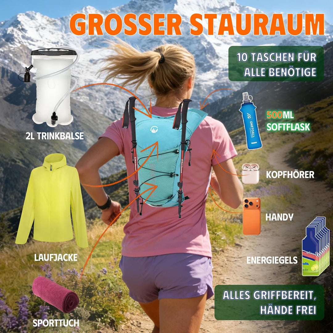 Laufweste Damen mit 2L TPU Trinkblase/500ml Trinkflasche, Leichter Trinkrucksack Laufen Herren 6L, R