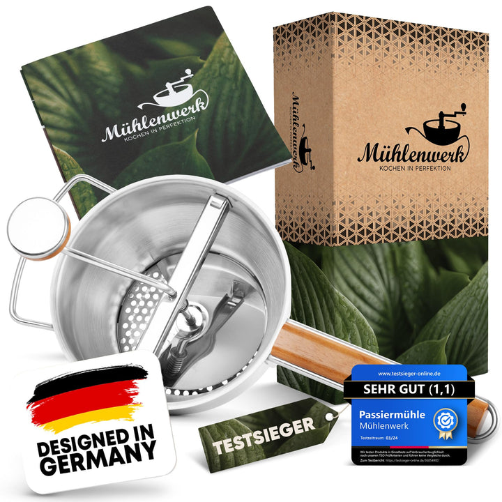 𝐌Ü𝐇𝐋𝐄𝐍𝐖𝐄𝐑𝐊 Passiermühle Edelstahl inkl. 3 Passiersieb-Einlagen [naturreines Eichenholz] 2,3 L Füllvo