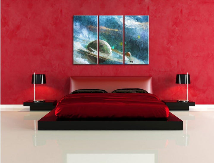 Pixxprint Planet mit Ringsystem / 3-Teilig/Gesamtmass 120cm Leinwandbild bespannt auf Holzrahmen/Wan