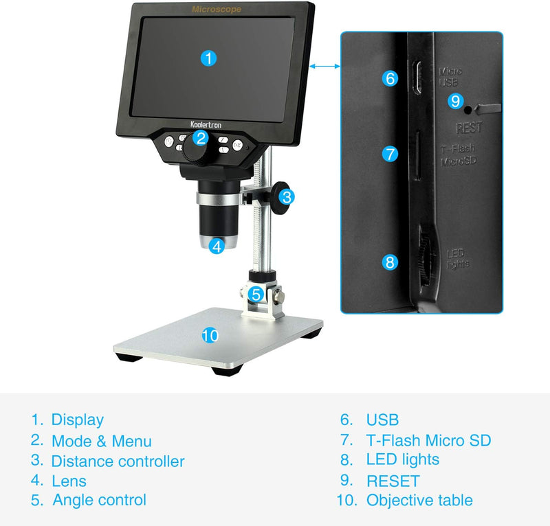 7 Zoll LCD Digital USB Mikroskop mit 32G TF Karte, Koolertron 12MP 1-1200X Vergrösserung Handkamera