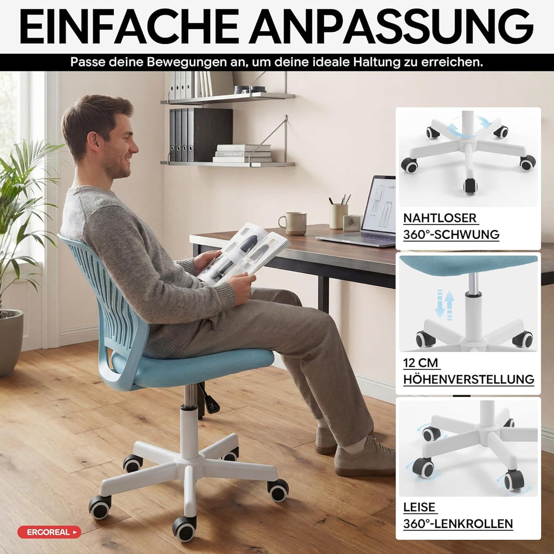 25W01 Ergonomischer Bürostuhl ohne Armlehne, Bürostuhl mit Rollen & Höhenverstellung, Bürostuhl Cozy