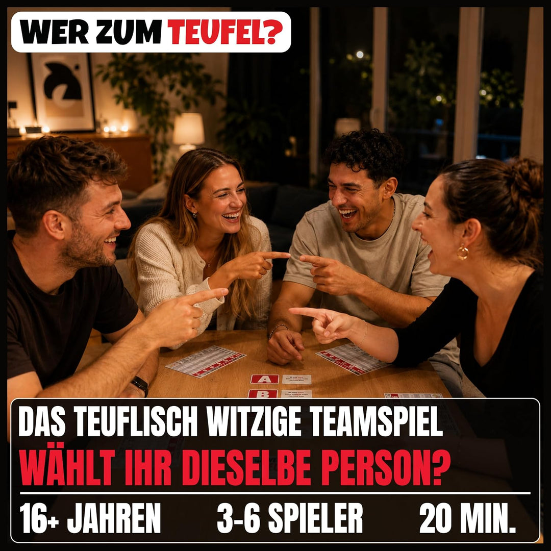Wer zum Teufel – Kooperatives Partyspiel | Wer würde eher als Teamspiel | 3-6 Spieler ab 16 Jahren |