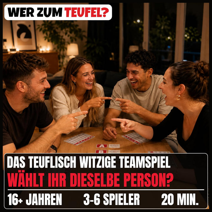 Wer zum Teufel – Kooperatives Partyspiel | Wer würde eher als Teamspiel | 3-6 Spieler ab 16 Jahren |