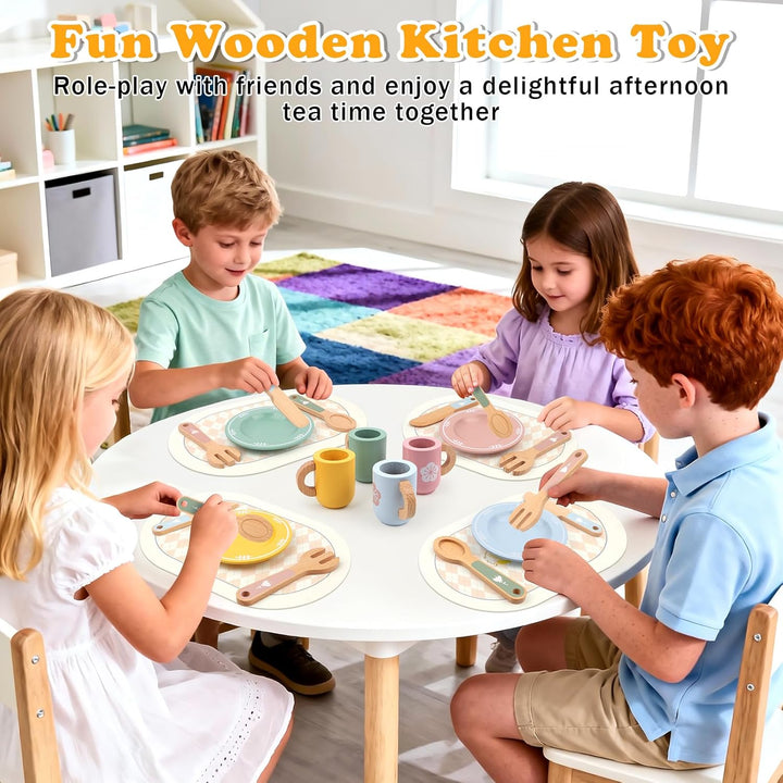 Kinderküche Zubehör Kinderküche Geschirr, Spielküche Zubehör Holz mit Tassen Teller, Bunt Teeservice