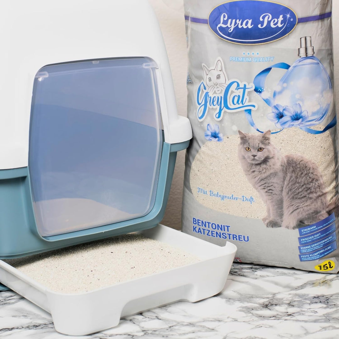 Lyra Pet® | 30 Liter Grey Cat Katzenstreu + 2 Spielmäuse | Mit Aktivkohle | Mit Babypuder Duft | Fei