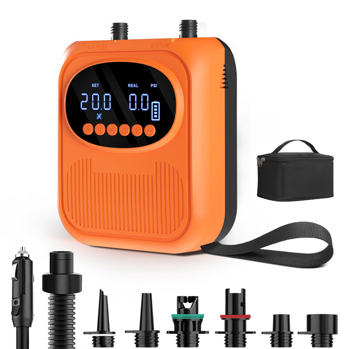 Mojimdo Elektrische SUP Pumpe 20 PSI mit Licht, Kabellos Wiederaufladbar, 5 Modi & Custom Modus, Dua
