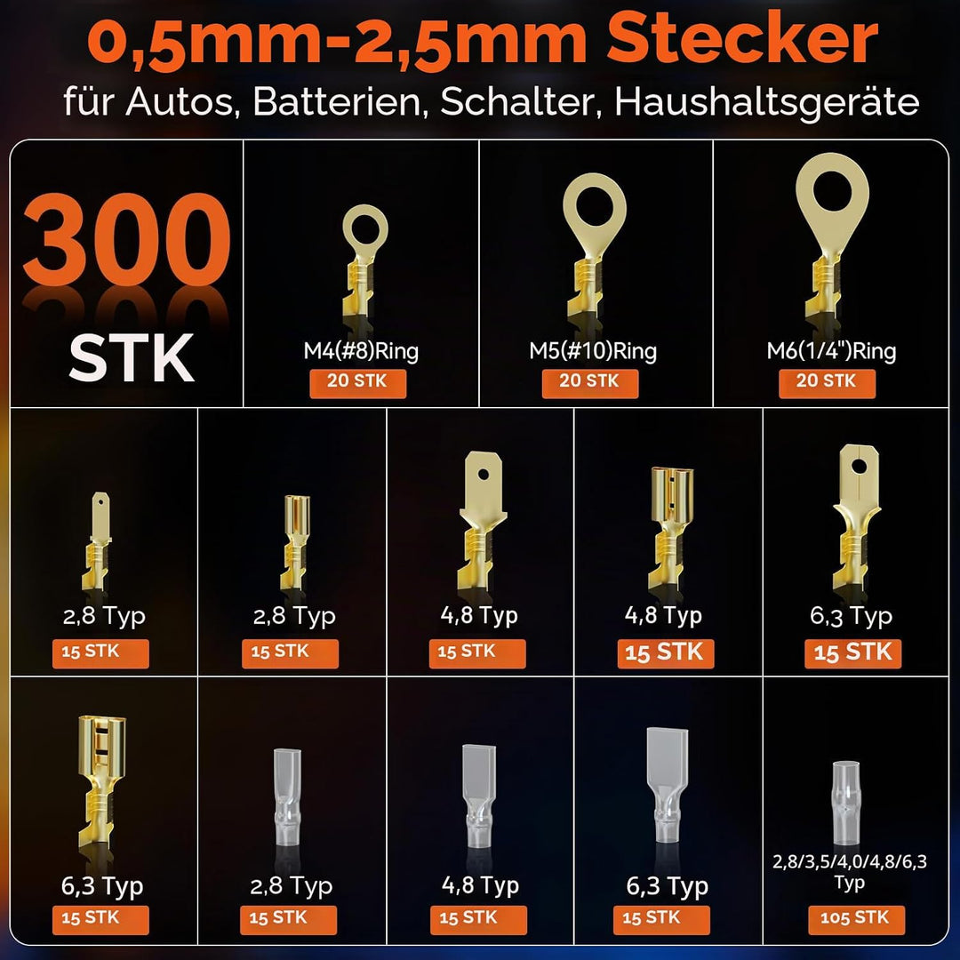 Preciva Crimpzange-Set mit 300 Flachsteckhülsen für 2,8-6,3 mm (0,5-2,5 mm² / AWG 22-14) – Ergonomis