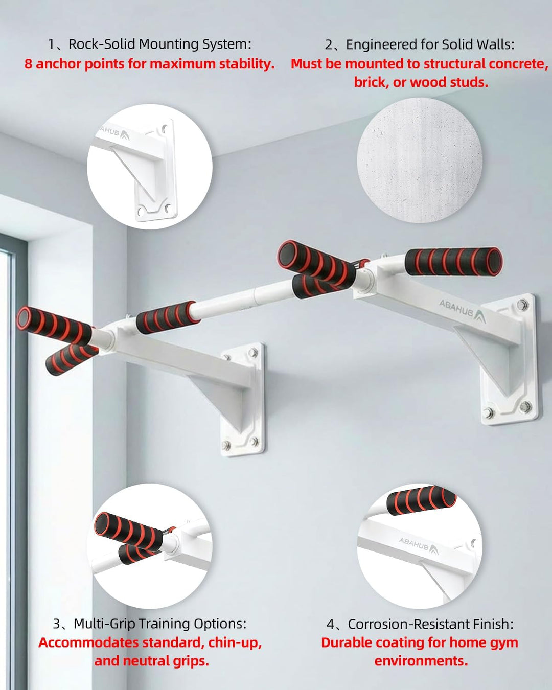 Abahub Klimmzugstange Wandmontage, Mehrfach Griff Chin-Up-Bar für Heimtraining, Bohrmontage, Wand Pu