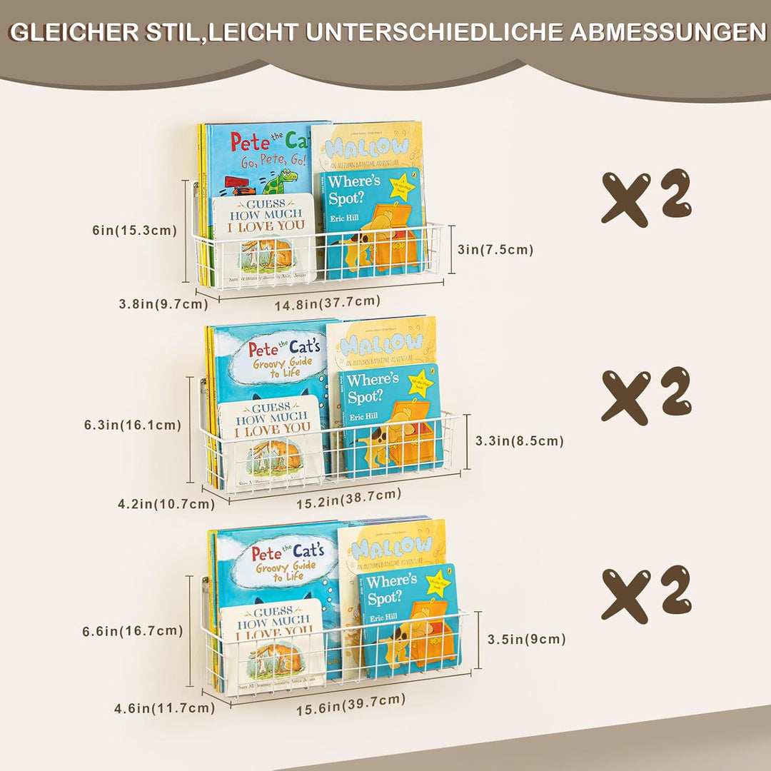 PUERSI 6er-Set Bücherregal Kinder Wand, Metall Wandregal Bücher, Hängend Regal für Kinderzimmer Aufb