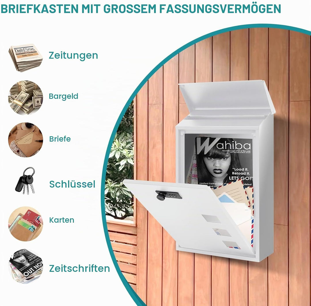 Briefkasten aus Stahl Wandmontiert mit Zahlenschloss - 3 Sichtfenster (4x4cm), Regenabweisend, Für H